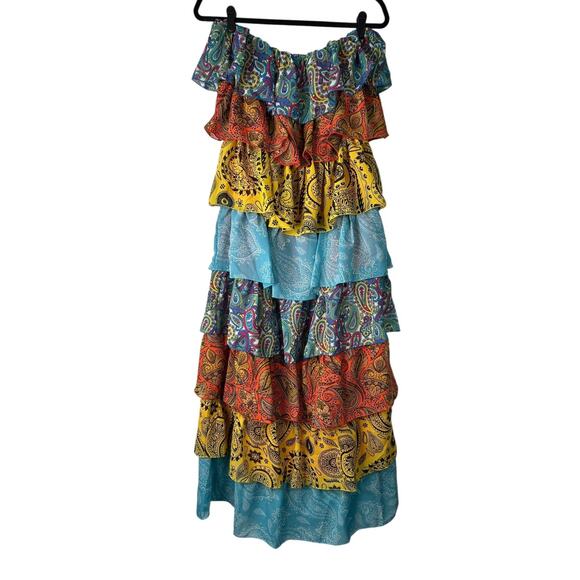 Pretty Little Thing Dress Size 8 Multicolor Patchwork Paisley Print Tiered Maxi - Picture 1 of 11
